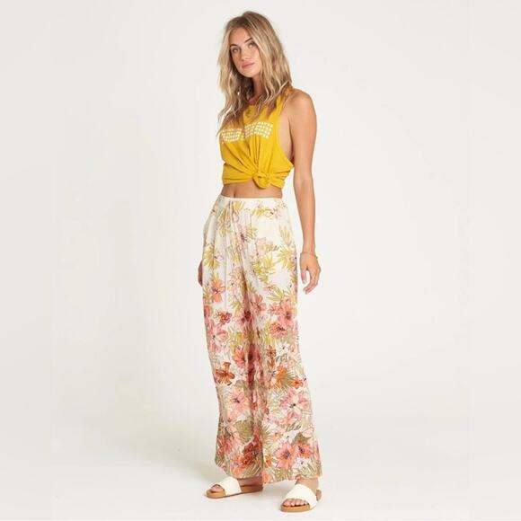Billabong Wide-Leg Woven Pants Women Sz M Heart Beats Floral Beach Elastic Waist - Picture 3 of 11